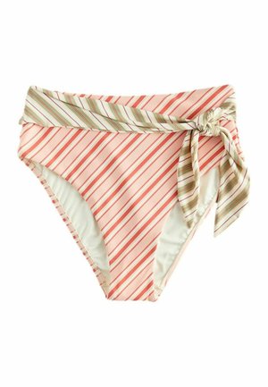 Magas derekú bikini alsó átlós rózsaszín és korall csíkokkal, jobb oldalon kontrasztos zöld és rózsaszín csíkos kötőpánttal.