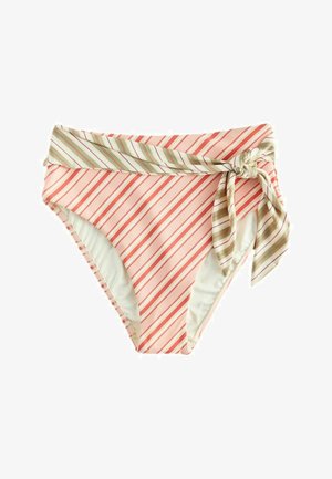 Bas de bikini taille haute à rayures diagonales roses et corail, doté d'une ceinture à nouer à rayures vertes et roses contrastantes sur le côté droit.
