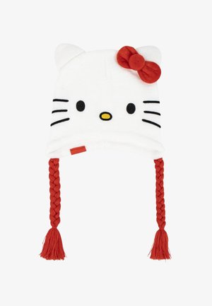 Cappello di maglia bianco con design di faccia di gatto, fiocco rosso sull'orecchio e due lunghe trecce rosse che pendono.