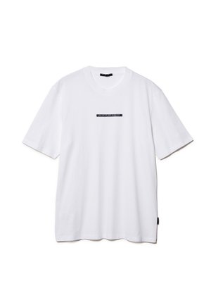 T-shirt blanc en coton avec manches courtes, col rond et un imprimé rectangulaire noir à l'avant. Texture douce, coupe décontractée.