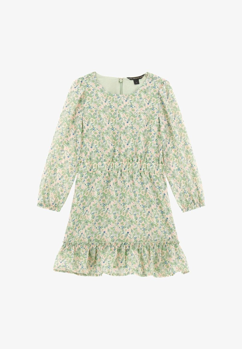 Ilga rankovė suknelė šviesiai žaliai audiniai su gėlių raštu. Yra susiraukšlėjusi liemens dalis, pakraščiai su volanais ir užtrauktukas nugarinėje dalyje.