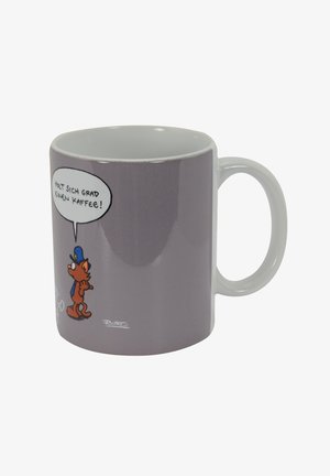 Keramiktasse mit mattem Lavendelaußenbereich, weißen Griff und einem Cartoon von einer braunen Katze, die eine blaue Mütze trägt, mit einem Sprechblasen-Text darüber.