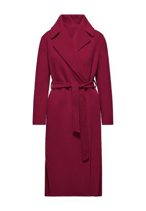 Bordeaux wikkeljas gemaakt van textiel met textuur, met een ingeslagen kraag, lange mouwen, zijslitsen en een bijpassende riem.