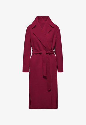 Burgundowa kurtka w stylu kopertowym wykonana z fakturowanej tkaniny, z klapami, długimi rękawami, bocznymi rozcięciami i dopasowanym paskiem.