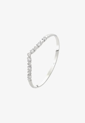 Bracciale in argento con un design ondulato caratterizzato da accenti a forma di cuore alternati e pietre preziose rotonde trasparenti, con una finitura lucida.