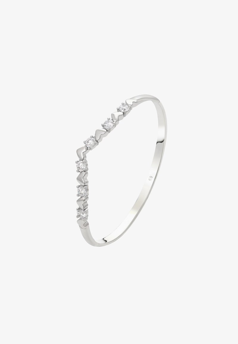 Ezüst karkötő, mely hullám alakú mintázatot mutat, váltakozó szív alakú díszekkel és kerek, tiszta drágakövekkel, fényes felülettel.