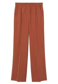 Brązowe, szerokie spodnie wykonane z miękkiego materiału z elastycznym paskiem w talii i kieszeniami po bokach. Gładka tekstura i czysty design.