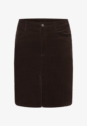 Bruine corduroy rok met een aansluitende taille, voorzakken en een rechte snit. Voorzien van een metalen knoopsluiting en een zachte textuur.