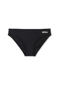 Bas de bikini noir en tissu lisse, avec une coupe modérée, une taille élastique et un logo DKNY en lettres claires.
