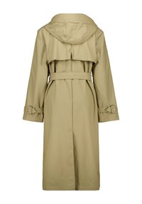 Beige trench coat with a hood, belted waist, side pockets, and bucket-style shoulder detail. Made from water-resistant material.