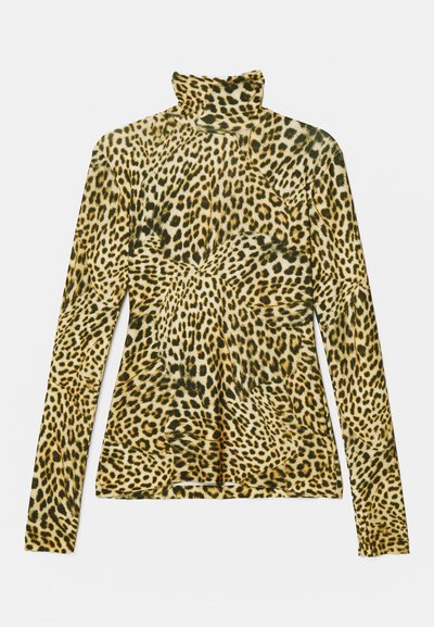Garās piedurknes turtlenecks krekls ar leopardu rakstu. Tam ir mīksta un stiepjas auduma virsma ar dzeltenu un melnu krāsu kombināciju. Pieguļoša modeļa dizains.