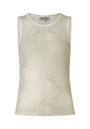 Sleeveless beige top with subtle wavy line pattern, round neckline, and "MORE & MORE" label at collar, size 36.