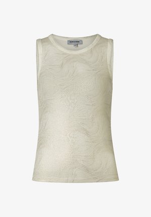 Sleeveless beige top with subtle wavy line pattern, round neckline, and "MORE & MORE" label at collar, size 36.