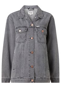 Grå denimjacka med krage, två bröstfickor och knappar i kopparfärg. Rak skärning med en klassisk design och sömdetaljer.