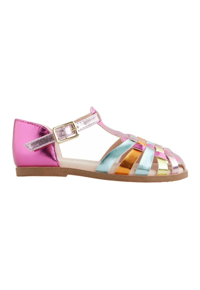 Metallic sandal med en pink hæl, der har multicolore vævede remme i blå, guld, orange og sølv. Justerbar spænde lukning.