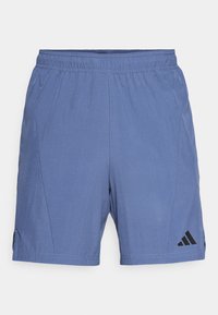 Blue athletic shorts with an elastic waistband, side slits, and a black Adidas logo on the lower right leg. Made from lightweight fabric.