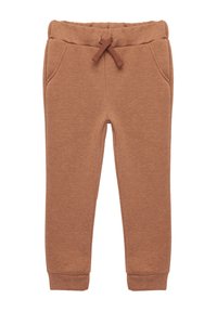 Pantalons de survêtement marron en tissu doux, avec une taille élastique à cordon, deux poches latérales et des poignets ajustés.