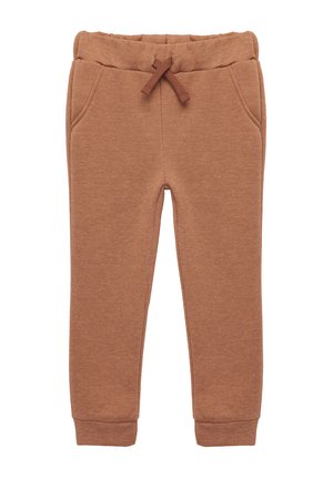 Pantalons de survêtement marron en tissu doux, avec une taille élastique à cordon, deux poches latérales et des poignets ajustés.