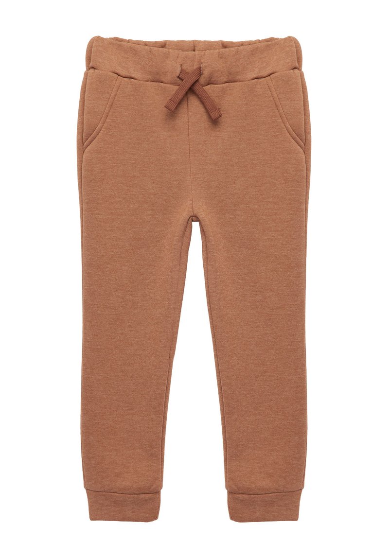 Pantalons de survêtement marron en tissu doux, avec une taille élastique à cordon, deux poches latérales et des poignets ajustés.