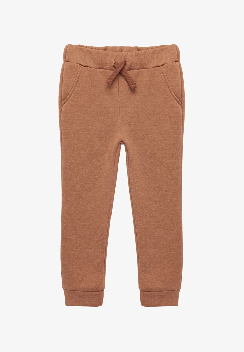 Bruine sweatpants gemaakt van zacht materiaal, met een elastische tailleband met een trekkoord, twee zijzakken en smalle manchetten.