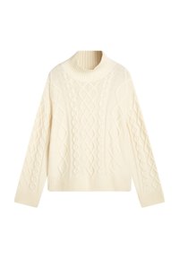 Cream cable-knit sweater with a high ribbed collar, featuring intricate twisting patterns and a relaxed fit. Soft texture with long sleeves.