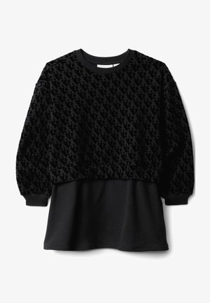 Vestito felpa nero con parte superiore strutturata a motivi ripetuti, maniche lunghe e parte inferiore tinta unita con orlo svasato.