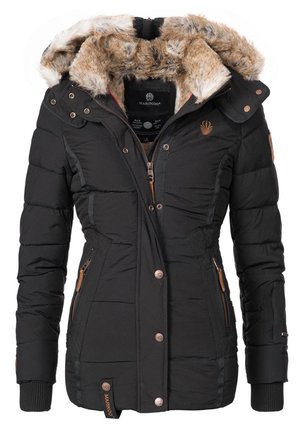 Veste matelassée noire avec une capuche doublée en fausse fourrure, fermetures éclair et accents beiges. Elle présente un tissu texturé, des poches latérales et des poignets côtelés.