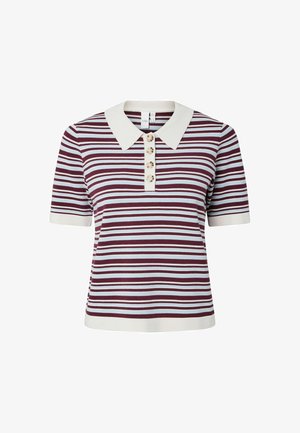 Kortsleevet strikket topp med horisontale striper i burgunder og lyseblått, hvit krage, knappeåpning og hvite mansjetter og kant.