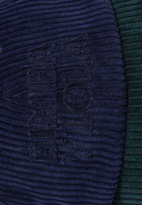Beanie in tessuto corduroy in un blu scuro e verde bosco, caratterizzato da una texture a coste e dettagli logo ricamati nella sezione blu.