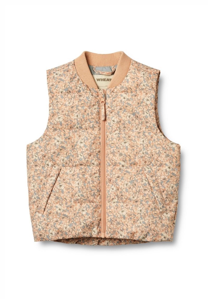 Kratka brezrokavnik z cvetličnim vzorcem v breskvi, z zadrgo spredaj, rebrastim ovratnikom in stranskimi žepi za dodatno funkcionalnost.