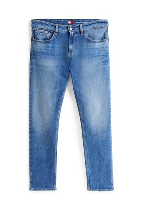 Hellblaue Jeans aus Denim mit einem schmal zulaufenden Design, ausgestattet mit einem Knopfverschluss, fünf Taschen und dezenter Ausbleichung an den Beinen.