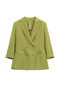 Blazer doppiopetto in verde oliva chiaro. Struttura su misura, rever a punta e due tasche frontali con dettagli in tessuto coordinato.