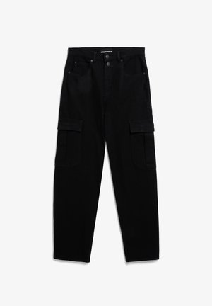 Schwarze Cargo-Hosen mit hohem Bund, fünf Taschen und geradem Bein, aus strapazierfähigem Baumwollstoff gefertigt.