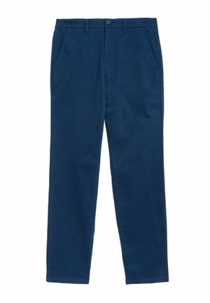 Marinefarbene Chinos aus einem weichen Baumwollmix mit geradem Schnitt, zwei Fronttaschen, einem Knopfverschluss und einer glatten Textur.