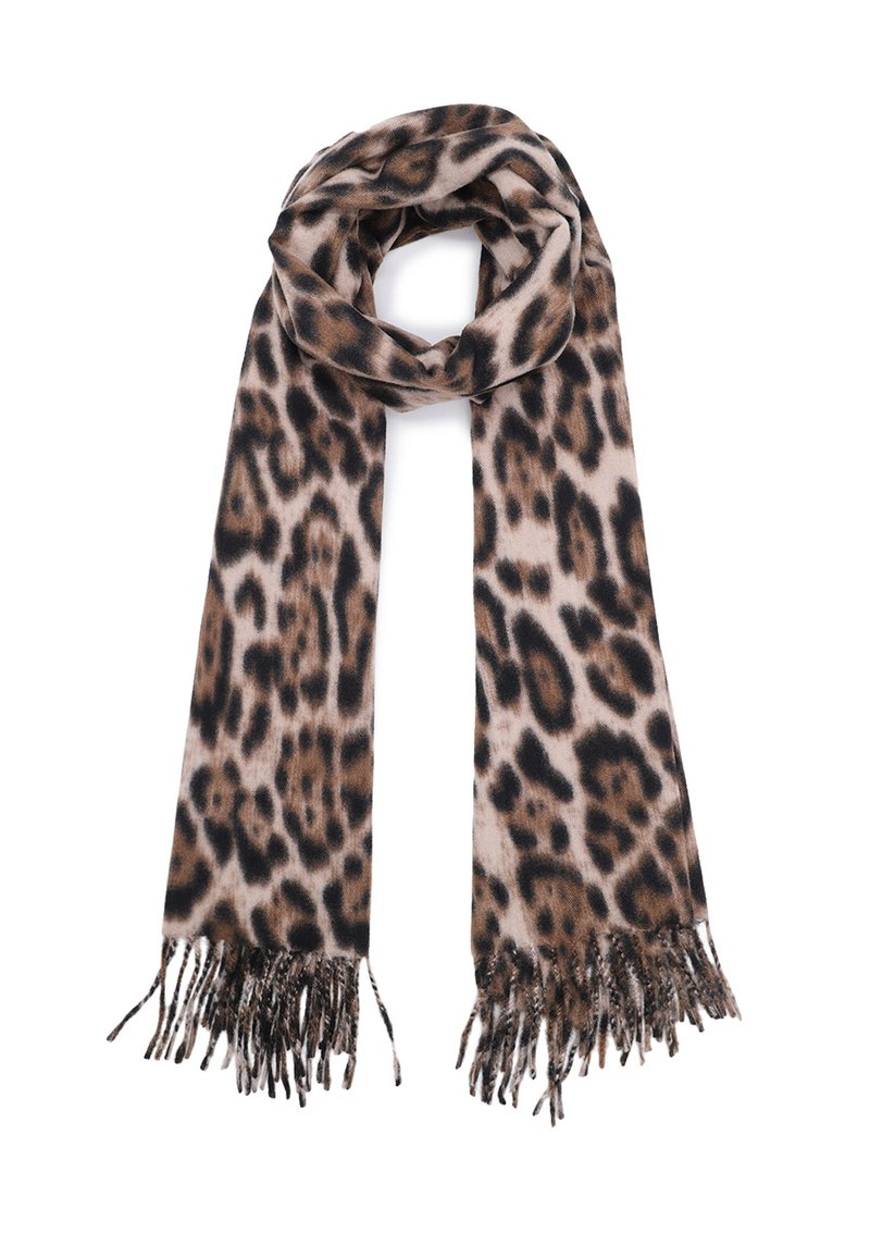 Sciarpa in stampa leopardata realizzata in tessuto morbido. Presenta un motivo beige e marrone con estremità frangiate per un tocco di dettaglio in più.