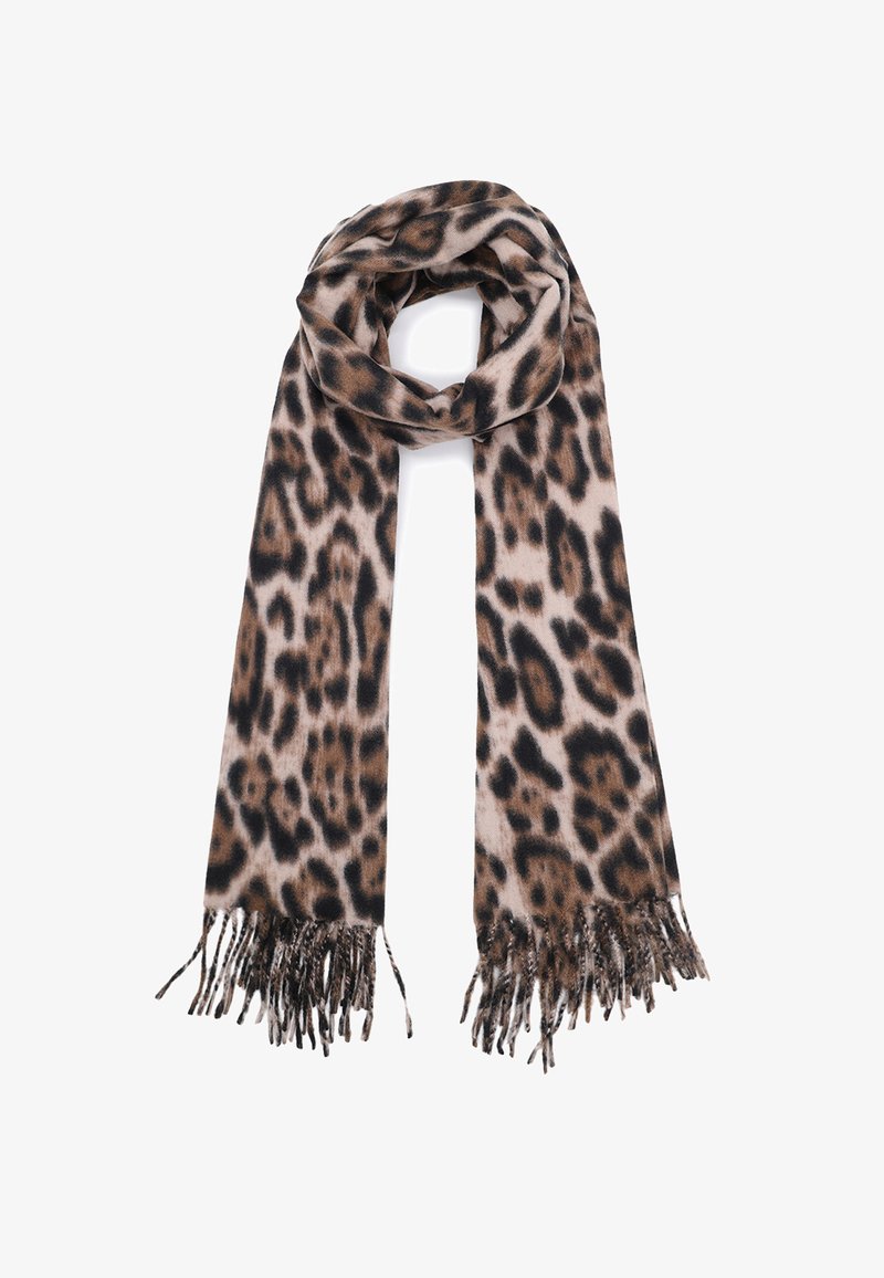 Sciarpa in stampa leopardata realizzata in tessuto morbido. Presenta un motivo beige e marrone con estremità frangiate per un tocco di dettaglio in più.