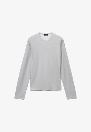 Maglietta a maniche lunghe grigio chiaro realizzata in tessuto strutturato, con scollo tondo e vestibilità rilassata senza motivi o accenti visibili.