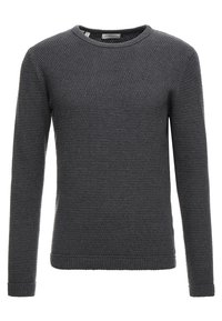 Pull gris foncé en maille avec un col rond, des manches longues et des poignets côtelés. Présente un motif texturé sur toute la surface.