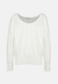 Pull blanc à manches longues avec un large col rond et des poignets et ourlet côtelés, présenté à plat sur un fond clair.