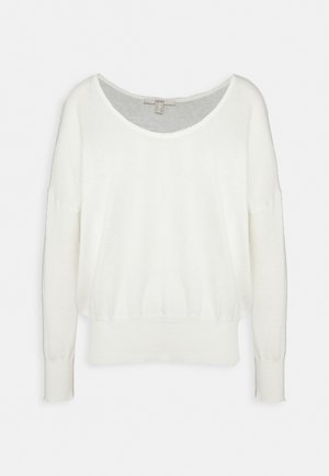 Pull blanc à manches longues avec un large col rond et des poignets et ourlet côtelés, présenté à plat sur un fond clair.