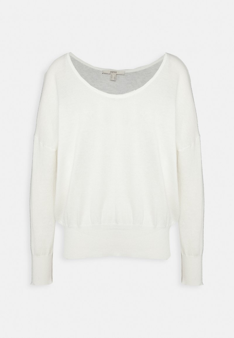 Pull blanc à manches longues avec un large col rond et des poignets et ourlet côtelés, présenté à plat sur un fond clair.