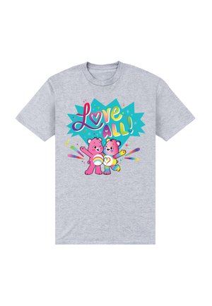 Camiseta de algodón gris claro con dos ositos rosas sosteniendo una paleta de arcoíris. El texto dice "¡Ama a TODOS!" sobre un fondo turquesa brillante.