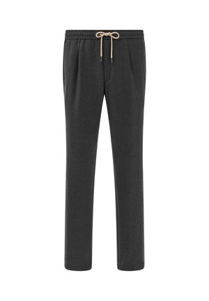 Dunkelgraue Hose mit weicher Textur, elastischem Bund und beigem Kordelzug. Verfügt über Seitentaschen und ein gerades Bein-Design.