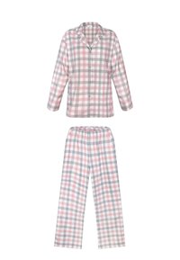 Krótki zestaw piżamy w kratę, składający się z górnej części na guziki z długim rękawem oraz spodni z elastycznym pasem, w wzory w kolorach różowym, szarym i białym. Miękki materiał.