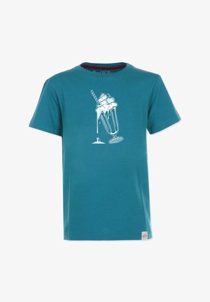 Tropfenblaues Baumwoll-T-Shirt mit kurzen Ärmeln, das ein weißes Design einer Eisschokolade zeigt, inklusive einem Strohhalm und schmelzenden Eiskrem-Details.