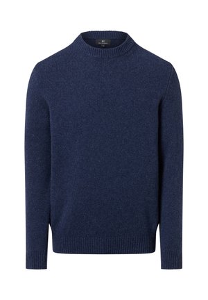 Granatowy sweter dziergany z okrągłym dekoltem, długimi rękawami oraz ściągaczami na końcach rękawów i u dołu. Miękka faktura, bez widocznych wzorów ani akcentów.