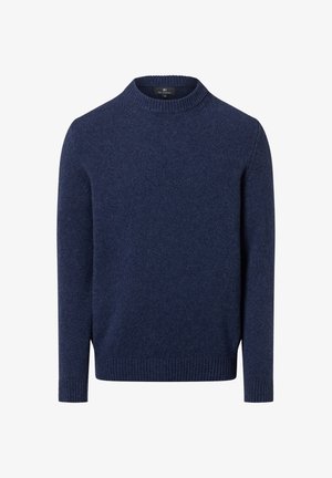 Granatowy sweter dziergany z okrągłym dekoltem, długimi rękawami oraz ściągaczami na końcach rękawów i u dołu. Miękka faktura, bez widocznych wzorów ani akcentów.