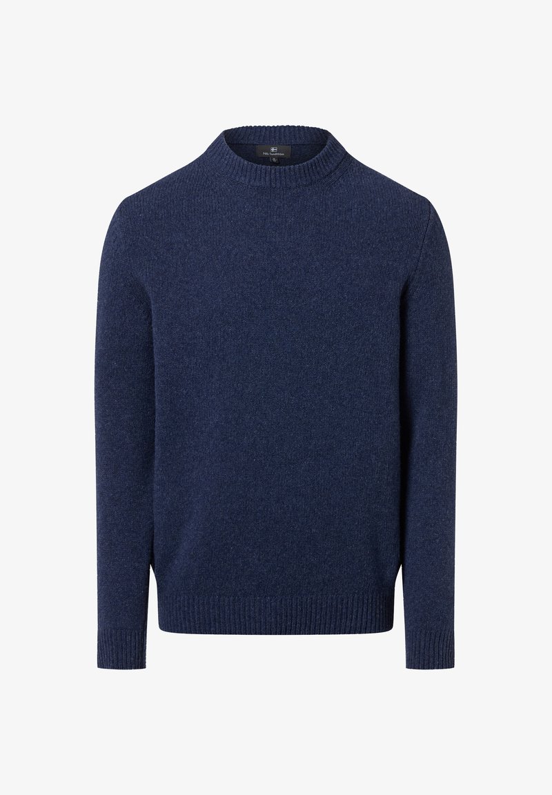 Marineblauer Strickpullover mit Rundhalsausschnitt, langen Ärmeln sowie gerippten Bündchen und Saum. Weiche Textur, keine sichtbaren Muster oder Verzierungen.