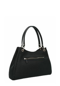 Borsa nera con texture intrecciata, doppi manici e tasca frontale con zip. Presenta minuteria in argento e una forma strutturata.