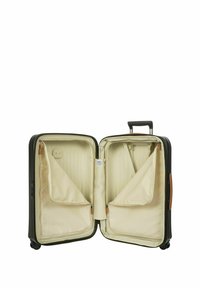 Valigia rigida nera con interno beige, dotata di due tasche con zip, cinghie elastiche incrociate e maniglia estraibile.